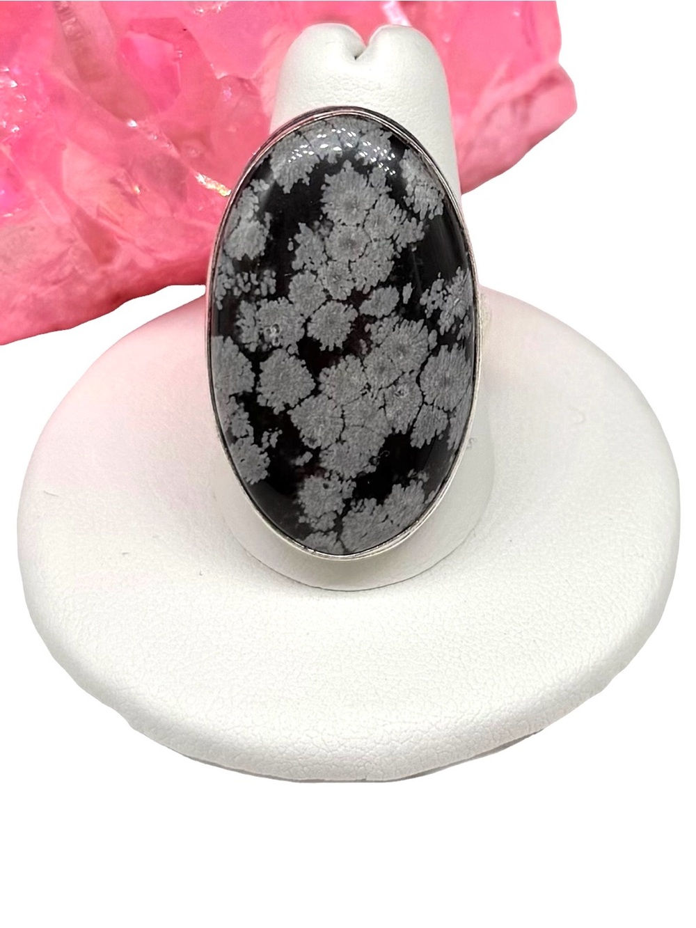 Snowflake Obsidian Ring Size 9.5 925 Sterling Silver Overlay Black Oval Stone